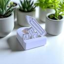 Teelichthalter aus Raysin mit ABC‑Einschieber zur Einschulung, Grundplatte und Vertiefung für Teelicht.